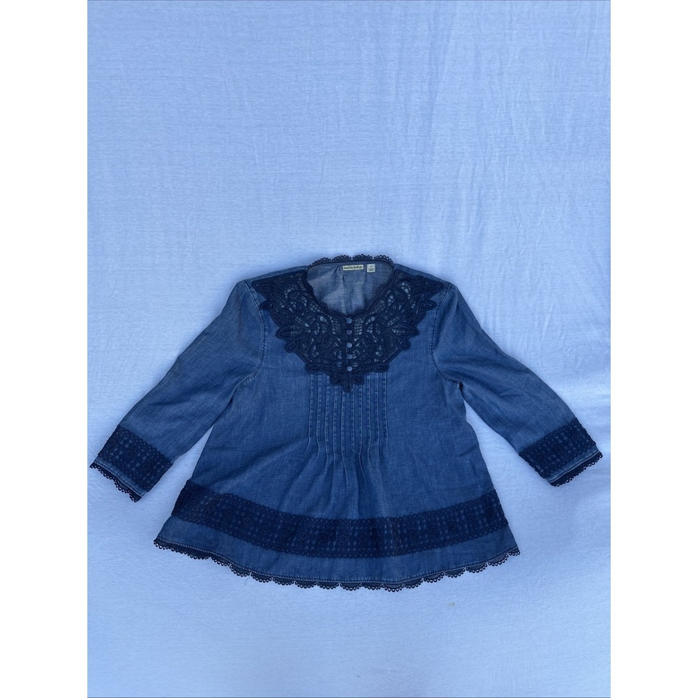 Anthropologie HOLDING HORSES Perra Popover Top Crochet Lace Denim Blue Size 4P